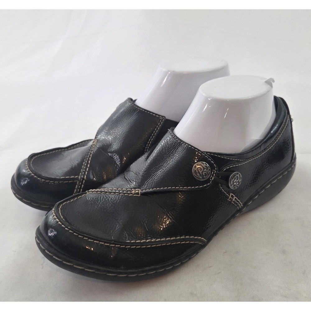 Clarks Loafers Womens 8.5 Black Patent Leather Slip On Comfort Grandmacore Shoes